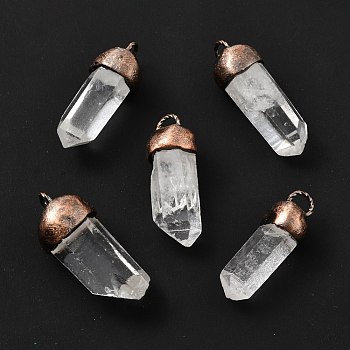 Natural Quartz Crystal Pendants, Rock Crystal Pendants, with Red Copper Tone Brass Findings, Lead Free & Cadmium Free, Faceted, Bullet, 37.5~42x14~18x8.5~13mm, Hole: 3.5x5mm