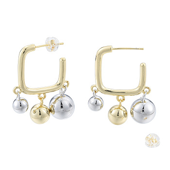 Two Tone Brass Round Ball Dangle Stud Earrings, Half Hoop Earrings for Women, Nickel Free, Platinum & Light Gold, 31x23mm, Pin: 0.7mm