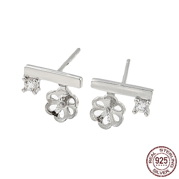 Rhodium Plated Flower 925 Sterling Silver with Clear Cubic Zirconia Stud Earring Findings, Earring Settings for Half Drilled Beads, with S925 Stamp, Real Platinum Plated, 8x9mm, Pin: 11X0.7mm and 0.7mm