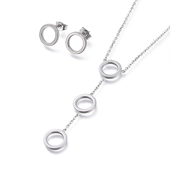 Round Ring 304 Stainless Steel Jewelry Sets, Cable Chains Pendant Necklaces and Stud Earrings, with Ear Nuts and Lobster Claw Clasps, Stainless Steel Color, 19.96 inch(50.7cm), 10.5mm, Pin: 0.7mm