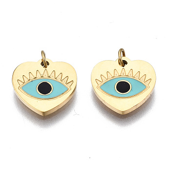 316 Surgical Stainless Steel Enamel Charms, with Jump Rings, Real 14K Gold Plated, Heart with Evil Eye, Pale Turquoise, 9.5x10x1mm, Jump Ring: 2.7x0.4mm, 1.9mm inner diameter