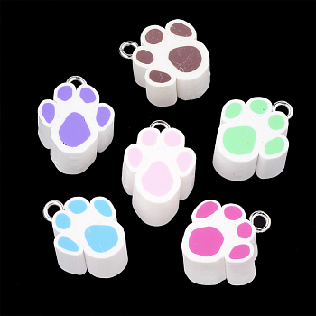 Handmade Polymer Clay Pendants, with Iron Findings, Dog Paw Prints, Platinum, Mixed Color, 18~19x14~15x10mm, Hole: 2mm