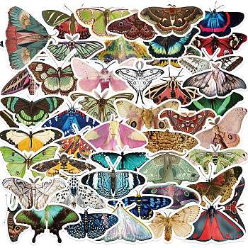 50Pcs Moth Theme Paper Self-Adhesive Picture Stickers, for Water Bottles, Laptop, Luggage, Cup, Computer, Mobile Phone, Skateboard, Guitar Stickers Decor, Mixed Color, 33~50x57~73x0.3mm