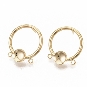 Brass Stud Earring Findings, with Loop, Nickel Free, Real 18K Gold Plated, 24x21x4mm, Hole: 1.8mm, Pin: 0.8mm