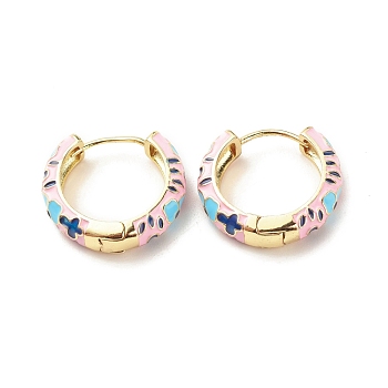 Flower Enamel Hoop Earrings, Gold Plated Brass Hinged Earrings for Women, Pink, 20x22x5mm, Pin: 0.9mm