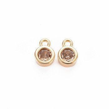 Brass Charms, with Rhinestone, Nickel Free, Real 18K Gold Plated, Flat Round, Gold Quartz, 8x5x3mm, Hole: 1.4mm