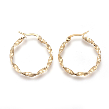 201 Stainless Steel Hoop Earrings, with 304 Stainless Steel Pin, Twisted Ring Shape, Golden, 9 Gauge, 28.5x3mm, Pin: 0.8mm