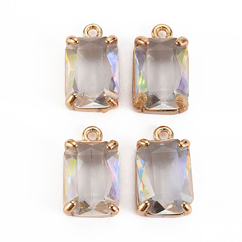 Transparent Glass Pendants, with Brass Prong Settings, Faceted, Rectangle, Light Gold, Clear AB, 17x10x5.5mm, Hole: 1.6mm