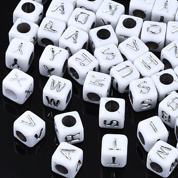 Silver Plating Acrylic Beads, Metal Enlaced, Cube, Random Mixed Letters, 6x6x6mm, Hole: 3mm