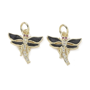 Brass Micro Pave Cubic Zirconia Pendants, with Enamel and Jump Ring, Dragonfly Charms, Black, 17x17.5x2mm, Hole: 4mm