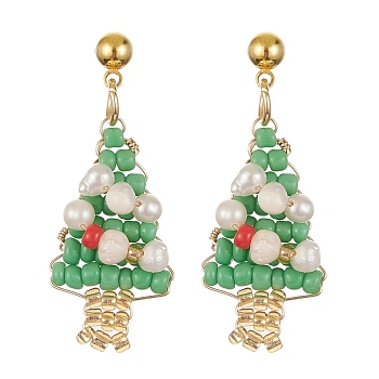 Glass Seed Beaded Christmas Tree Dangle Stud Earrings, Golden Brass Wire Wrap Jewelry, Sea Green, 33x13mm