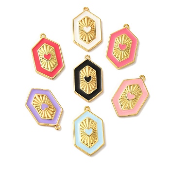 Rack Plating Brass Enamel Pendant, Cadmium Free & Lead Free, Long-Lasting Plated, Hexagon with Heart Charm, Real 18K Gold Plated, Mixed Color, 23x13.5x3.5mm, Hole: 1.2mm