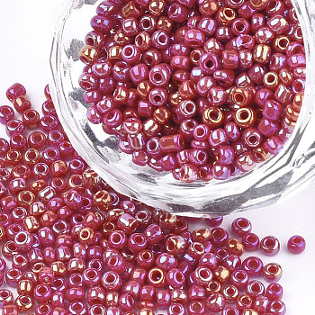 Opaque Glass Seed Beads, Rainbow Plated, Round, Cerise, 4mm, Hole: 1.5mm, about 4500pcs/bag