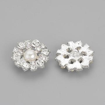 Alloy Rhinestone Shank Buttons, with ABS Plastic Imitation Pearl, Flower, 1-Hole, Silver Color Plated, 23.5x21x9mm, Hole: 2mm(RB-S065-06)