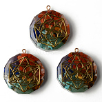 Flat Round Epoxy Resin Pendants, Spiritual Charms, with Natural Amethyst & Lapis Lazuli & Sodalite & Green Aventurine & Tiger Eye & Carnelian & Red Jasper Chips inside, and Brass Sticker, Flower of Life Pattern, 39.5x35x10.5~11.5mm, Hole: 1.8mm(G-R478-22E)