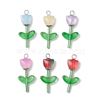Transparent Glass Beads with Tibetan Style Alloy Caps and Glass Bugle Beads and Brass Flat Head Pins Pendants, Flower, 32x14x6mm, Hole: 2.5mm(PALLOY-JF03623)