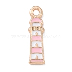 Alloy Enamel Pendants, Light Gold, Cadmium Free & Lead Free, Lighthouse Charm, Pink, 18x5x1.5mm, Hole: 1.8mm(ENAM-A008-15KCG-01)