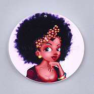 Printed Wooden Big Pendants, Dyed, Flat Round with Fashion Lady, Colorful, 60x2.5mm, Hole: 1.5mm(WOOD-S048-04)