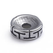 Retro 304 Stainless Steel Spacer Beads, Flat Round with T Pattern, Antique Silver, 8x2.8mm, Hole: 2.2mm(STAS-L243-040AS)