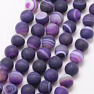 Natural Striped Agate/Banded Agate Bead Strands, Round, Grade A, Frosted, Dyed & Heated, Indigo, 6mm, Hole: 1mm, about 61pcs/strand, 15 inch(G-K166-12-6mm-02)