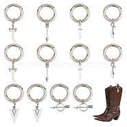 12Pcs 6 Style Dagger/Arrow/Knife Tibetan Style Alloy Shoe Charms, with Zinc Alloy Spring Gate Rings, Platinum, 43~60mm, 2pcs/style(HJEW-AB00634)