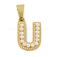 Ion Plating(IP) 304 Stainless Steel Pendants, with ABS Imitation Pearl, Letter U, 17x11.5x3.3mm, Hole: 6x3mm(STAS-U024-01U)