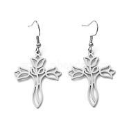 304 Stainless Steel Hollow Out Cross with Flower Dangle Earrings for Women, Stainless Steel Color, 52mm, Pin: 0.7mm(EJEW-P222-02P)