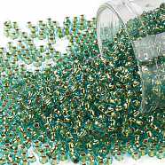 TOHO Round Seed Beads, Japanese Seed Beads, (755) 24K Gold Lined Light Aqua, 11/0, 2.2mm, Hole: 0.8mm, about 5555pcs/50g(SEED-XTR11-0755)