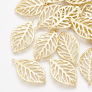 Brass Pendants, Cut-Out, Leaf, Real 18K Gold Plated, 23x13x1mm, Hole: 0.8mm(KK-T035-23)