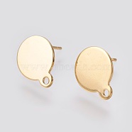 304 Stainless Steel Stud Earring Findings, with Loop and Flat Plate, Real 24K Gold Plated, 13x10.5x0.5mm, 12mm, Pin: 0.8mm, Hole: 1.5mm(STAS-D445-150G)
