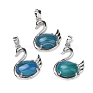 Natural Blue Agate Pendants, with Platinum Tone Brass Findings, Cadmium Free & Lead Free, Swan, 32x25x7.3mm, Hole: 8mm(G-M385-04P-D)