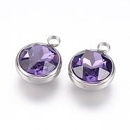 K9 Glass Rhinestone Pendants, February Birthstone Charms, with 304 Stainless Steel Findings, Flat Round, Medium Purple, 18x14x9mm, Hole: 2.5mm(STAS-F123-26A)