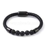 Round Natural Lava Rock Bead Bracelets, Braided Leather Cord Bracelets with Black Tone 304 Stainless Steel Magnetic Clasps, for Men Women, 8 inch(20.3cm), 6~10mm(BJEW-A009-08EB-03)