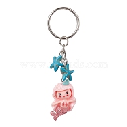 Mermaid Opaque Resin Pendant Keychain, with Starfish Synthetic Turquoise and Iron Split Key Rings, Pink, 8.9cm, pendant: 34x21x8mm(KEYC-JKC00624-04)