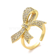 Brass Micro Pave Cubic Zirconia Cuff Rings, Bowknot, Real 16K Gold Plated, Inner Diameter: 17mm(RJEW-P102-02G)