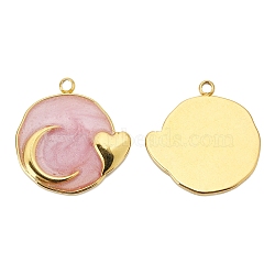Stainless Steel Pendants, with Enamel, Golden, Flat Round with Moon & Heart Charm, Pink, 17x17mm(PW-WG12496-03)