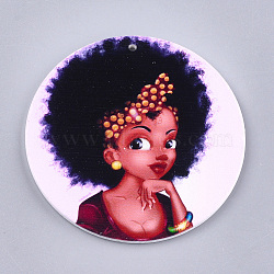 Printed Wooden Big Pendants, Dyed, Flat Round with Fashion Lady, Colorful, 60x2.5mm, Hole: 1.5mm(WOOD-S048-04)