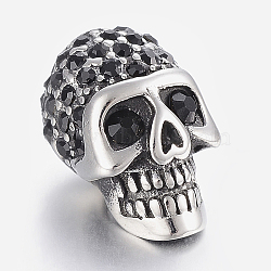 304 Stainless Steel Rhinestone Beads, Large Hole Beads, Skull Head, Jet, Antique Silver, 21.5x13x13mm, Hole: 6mm(STAS-H446-90AS)