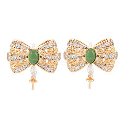 Brass Micro Pave Clear Cubic Zirconia Stud Earring Findings, with Cat Eye, for Half Drilled Beads, Nickel Free, Bowknot, Real 18K Gold Plated, Green, 21.5x22.5mm, Pin: 0.6mm, pin: 0.5mm and 0.7mm(for half drilled beads)(KK-S364-061)