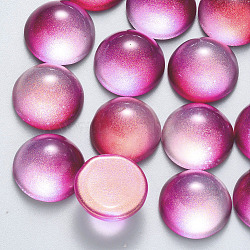 Transparent Spray Painted Glass Cabochons, with Glitter Powder, Half Round/Dome, Fuchsia, 14x7mm(GLAA-S190-013C-D02)