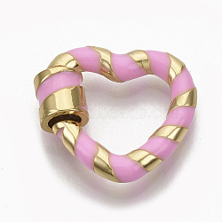 Brass Screw Carabiner Lock Charms, for Necklaces Making, with Enamel, Nickel Free, Heart, Real 18K Gold Plated, Pearl Pink, 18x19.5x3~5.5mm(KK-T046-002E-NF)
