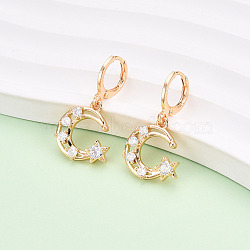 Moon Brass Micro Pave Cubic Zirconia Dangle Leverback Earrings, Long-Lasting Plated, Golden, Clear, 30x16.5mm(EJEW-N058-10G)