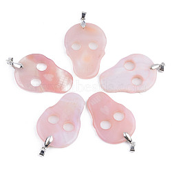 Halloween Themed Natural Agate Big Pendants, with Platinum Plated Brass Pinch Bail, Dyed, Skull, Pink, 50~53x35~36x5~6mm, Hole: 6.5x4mm(G-S359-181I)