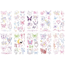 10 Sheets Water Proof Removable Temporary Tattoos Stickers, Body Art Paper Stickers, Butterfly & Cat Pattern, Mixed Color, 12.1x6.9x0.02cm(STIC-Z003-01)