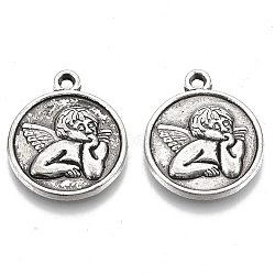 Tibetan Style Alloy Pendants, Cadmium Free & Lead Free, Flat Round with Cupid/Cherub, Antique Silver, 22x19x2.5mm, Hole: 1.6mm, about 300pcs/1000g(TIBE-N006-29AS-LF)