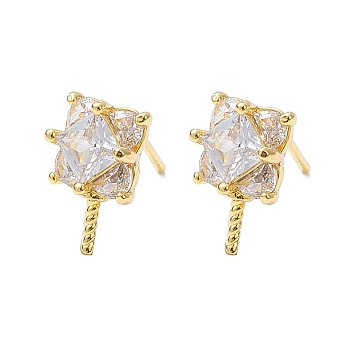 Rack Plating Brass Micro Pave Cubic Zirconia Studs Earrings Fiinding, Square, Real 18K Gold Plated, 11x7mm, Pin: 0.8mm