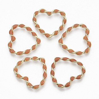 Eco-Friendly Alloy Linking Rings, with Enamel, Twisted Heart, Light Gold, Coral, 30x32x3mm