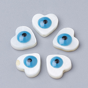 Natural Freshwater Shell Beads, Heart with Evil Eye, Dodger Blue, 9.5x10x3.5mm, Hole: 1mm