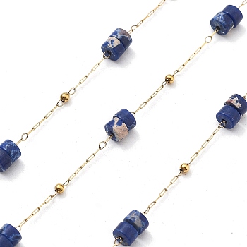 Ion Plating(IP) 304 Stainless Steel Chains, with Natural Lapis Lazuli Beaded, Real 18K Gold Plated, Soldered, with Spool, Polished, 4x2mm, about 32.81 Feet(10m)/Roll