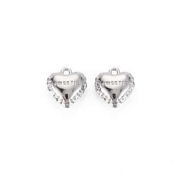 Rack Plating Alloy Charms, Cadmium Free & Nickel Free & Lead Free, Heart with Word Sweetie, Platinum, 12.5x11x5mm, Hole: 1.4mm